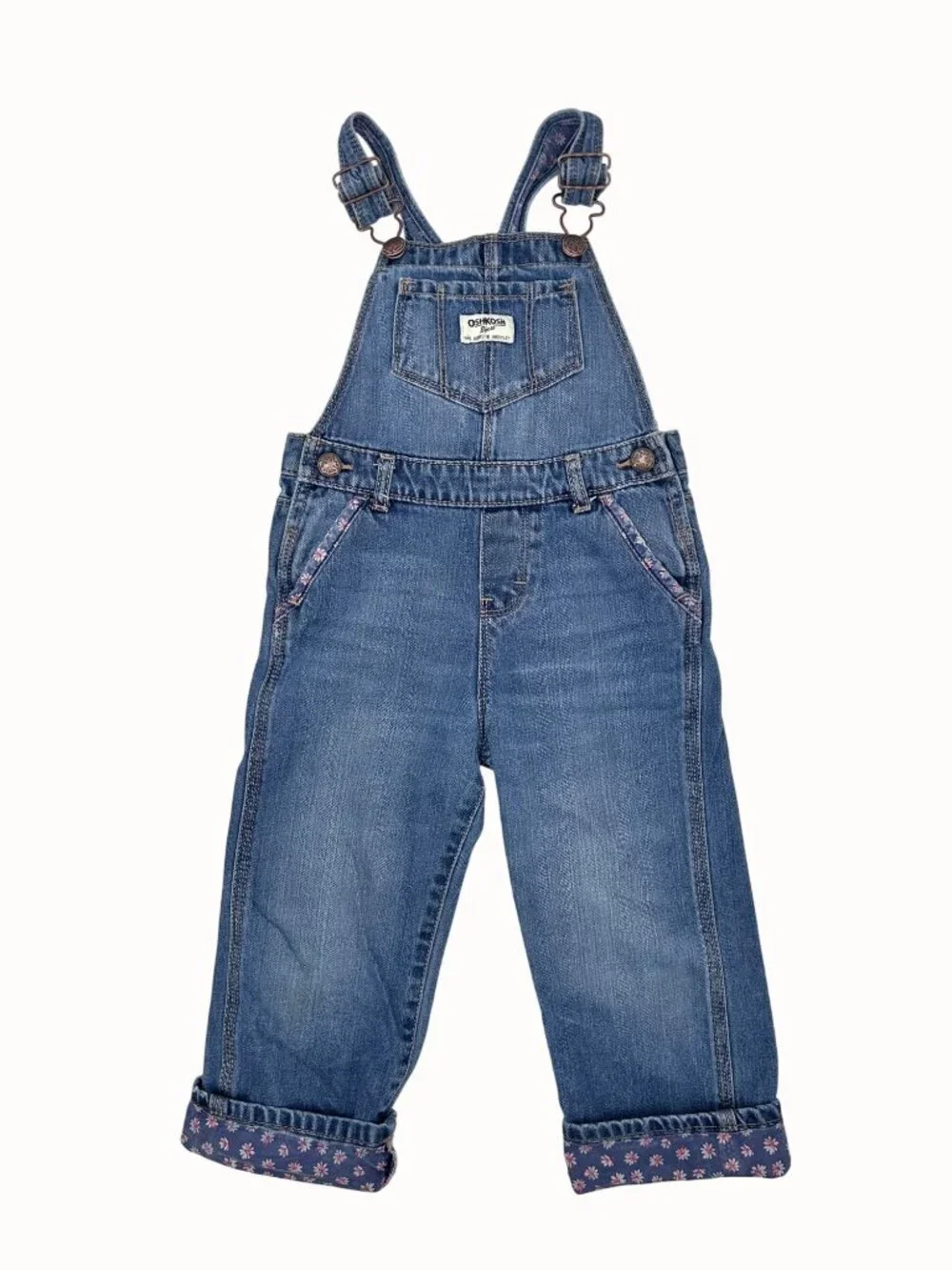OSHKOSH BGOSH 4T GIRLS DENIM OVERALLS W/ FLORAL CUFF ACCENTS & ADJUSTABLE STRAPS